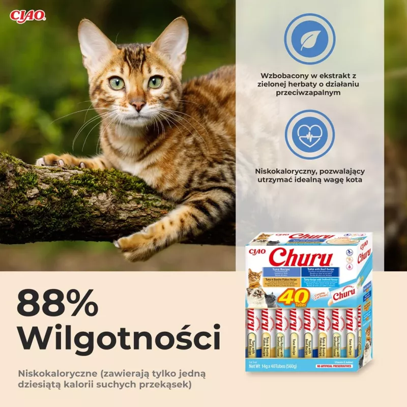 Mokre przysmaki dla kota INABA Churu Variety box Tuńczyk z owocami morza — 40 x 14 g saszetek z pastą, bez zbóż, bez cukru