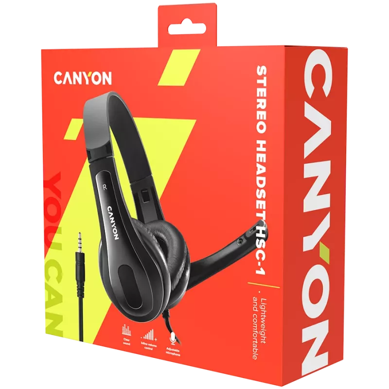 Słuchawki komputerowe CANYON HSC-1 z mikrofonem, płaski kabel 2m, czarne