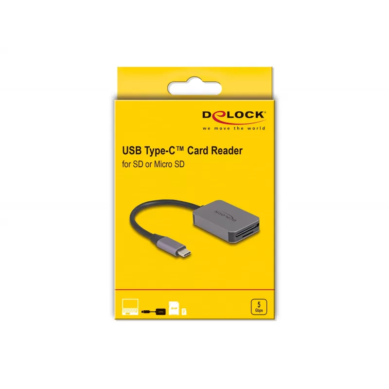 Czytnik kart DeLOCK USB Type-C Aluminium SD Micro SD 5000 Mbit/s