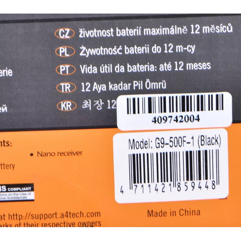 Bezprzewodowa mysz RF A4Tech G9-500F, praworęczna, 1000 DPI, nano odbiornik 2,4 GHz, zasięg 15 m, bateria AA
