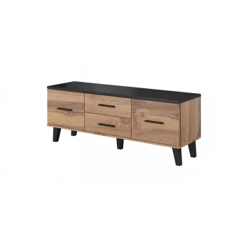 Szafka TV Cama Meble LOTTA 140 cm — rama wotan dąb, czarny blat z płyty wiórowej, 1400×400×530 mm