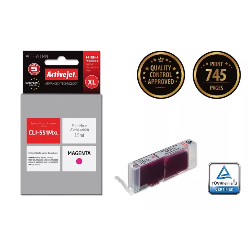 Activejet ACC-551MN Wkład atramentowy (zamiennik Canon CLI-551M; Supreme; 15 ml; magenta)