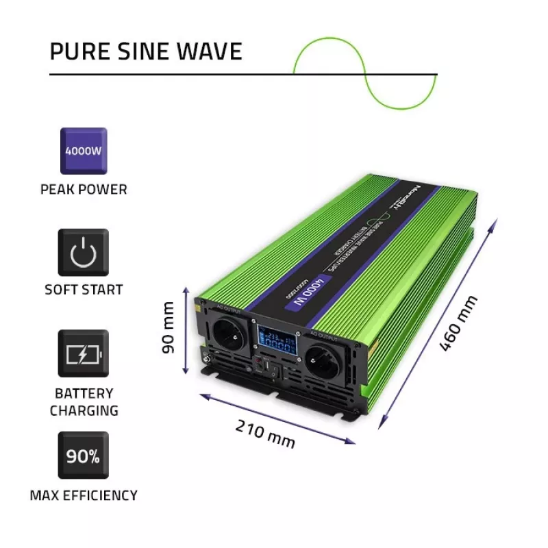 Qoltec Monolith Przetwornica napięcia | Ładowanie akumulatora | UPS | 2000W | 4000W | 12V na 230V | Czysty sinus | LCD czarno-zielony
