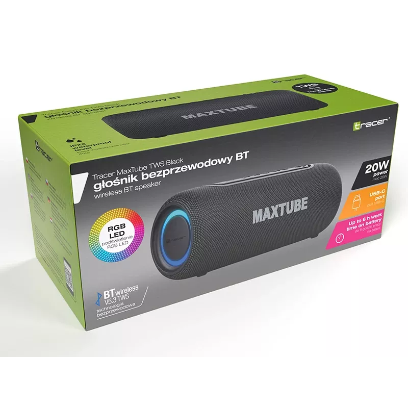 Głośniki TRACER MaxTube 20W TWS Bluetooth, czarne — przenośny bezprzewodowy dźwięk, stereo
