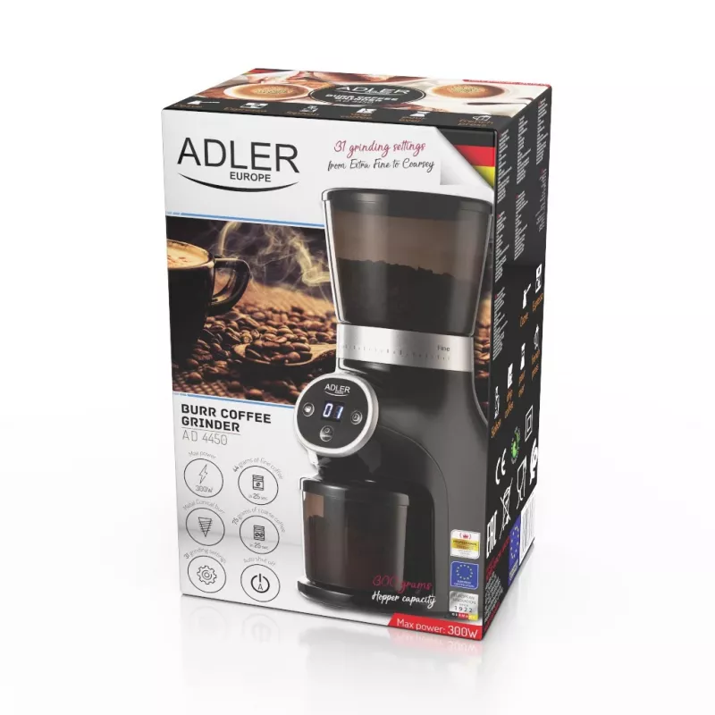 Profesjonalny młynek do kawy, stalowe żarna, 31 ustawień mielenia, Café 90g/m, Adler, AD4450, 300, Czarny