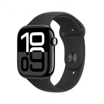 Apple Watch Series 10 GPS 46 mm, koperta w kolorze głębokiej czerni ze stopu aluminium z czarnym paskiem sportowym – M/L