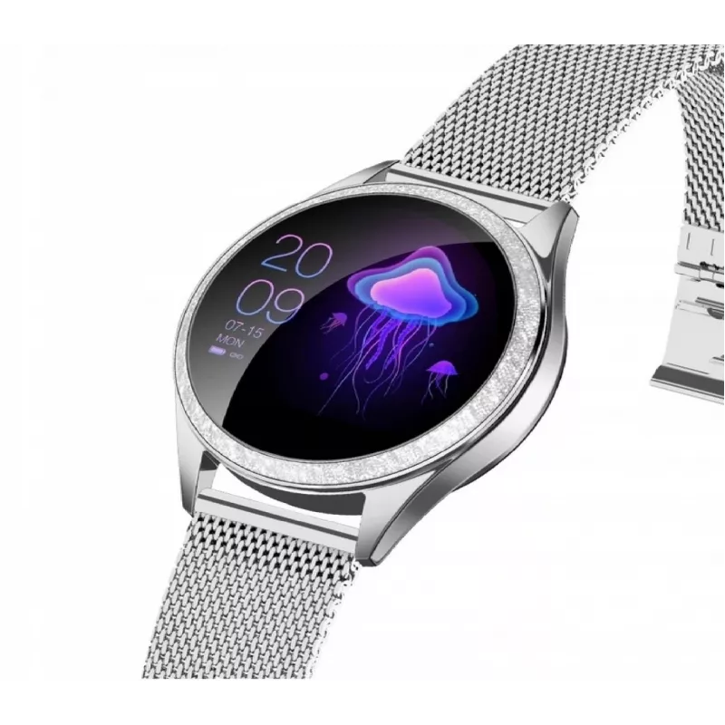 Smartwatch ORO-MED ORO-SMART CRYSTAL srebrny — okrągła metalowa obudowa, LCD 240×198, wyświetlacz 1.04 cala, Bluetooth 4.0, wodoodporny, bateria 120 mAh