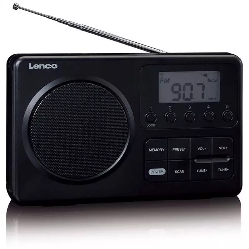Przenośne radio Lenco MPR-035BK — FM/AM, zasilanie sieciowe i bateryjne, 2,5-calowy wyświetlacz LCD, 20 stacji FM w pamięci, wyjście 3,5 mm