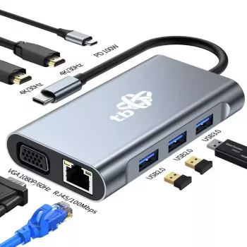HUB 8w1 Adapter USB C HDMI x2 USB VGA RJ45 PD