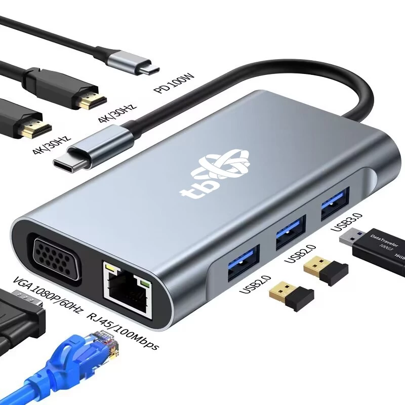 HUB 8w1 Adapter USB C HDMI x2 USB VGA RJ45 PD