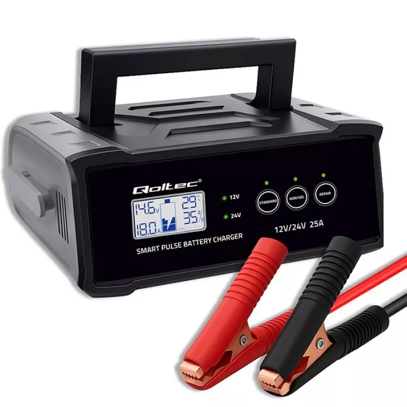 Prostownik QOLTEC 52514 — 12 V/24 V, 25 A, do akumulatorów AGM/żelowych/SLA z wyświetlaczem LCD