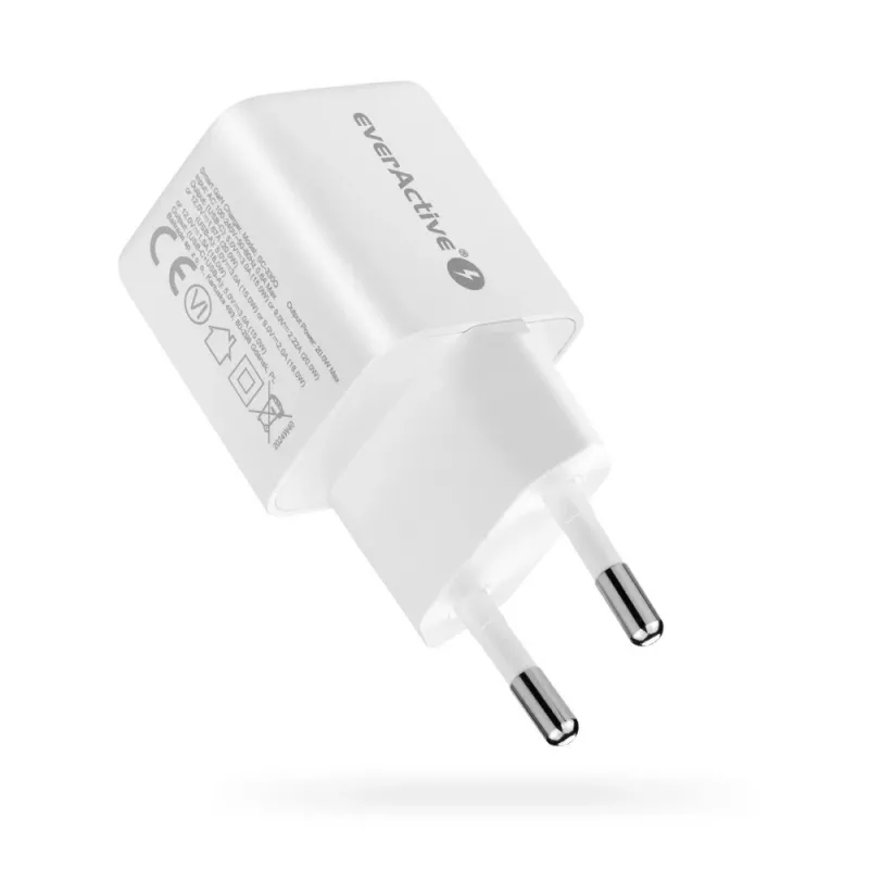 Ładowarka sieciowa everActive SC-330Q z 1x USB-A i 1x USB-C, 20W, biała