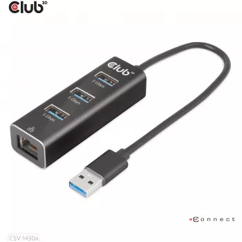 Hub USB CLUB3D USB 3.2 Gen1 Type-A, 3 porty i Gigabit Ethernet