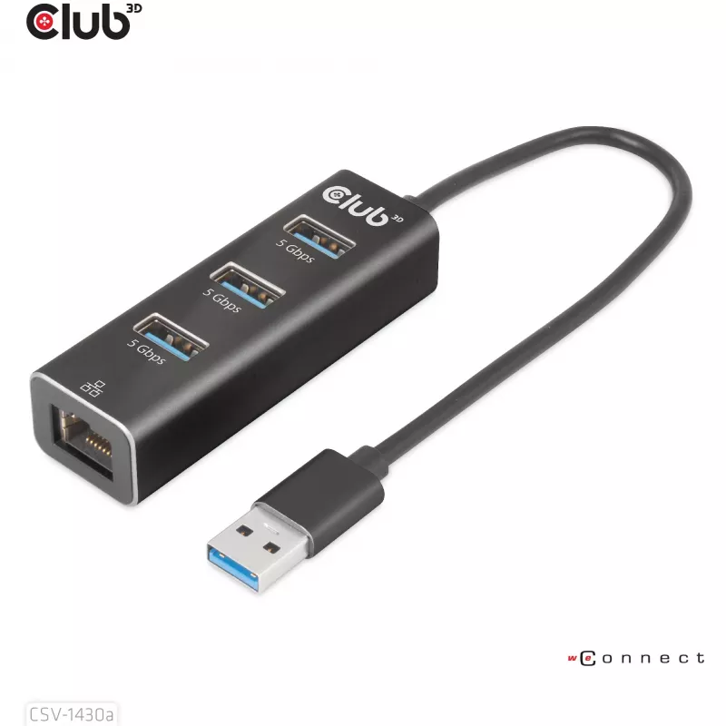 Hub USB CLUB3D USB 3.2 Gen1 Type-A, 3 porty i Gigabit Ethernet