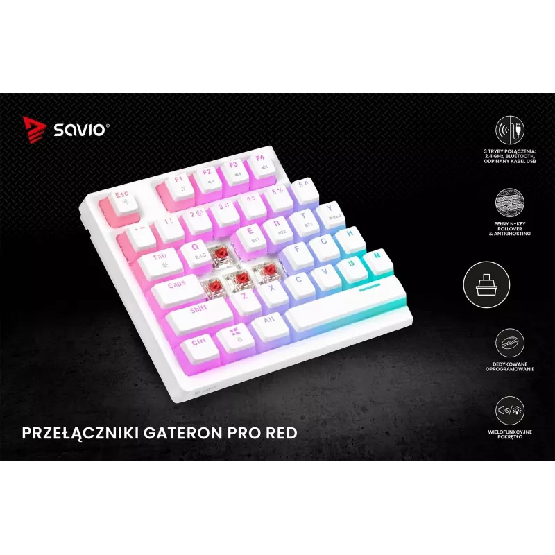 Klawiatura gamingowa Savio Phenix biały GAT czerwony PUD przewodowa bezprzewodowa USB Bluetooth RGB LED