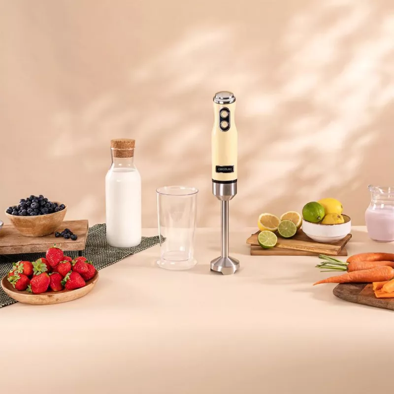 Mikser ręczny CECOTEC Power Mixer Retrożółty 1200MAX Cream&Crush, 1200 W, wiele prędkości, haki do ciasta i trzepaczki