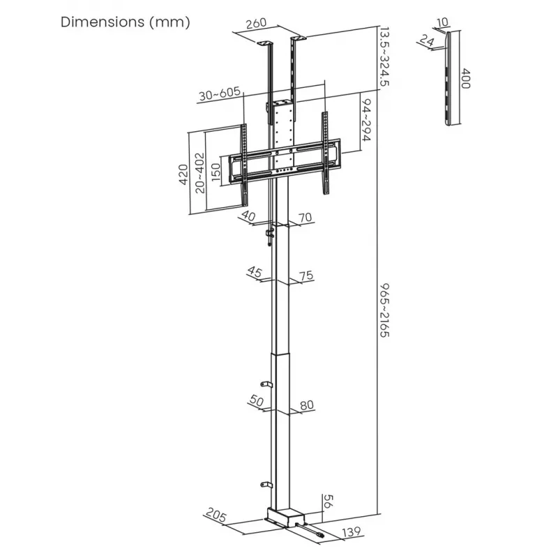 Maclean elektryczny uchwyt sufitowo-podłogowy, rozsuwany, 43''-88'', VESA 600x400, max 60kg, 100-240V AC, 50/60Hz