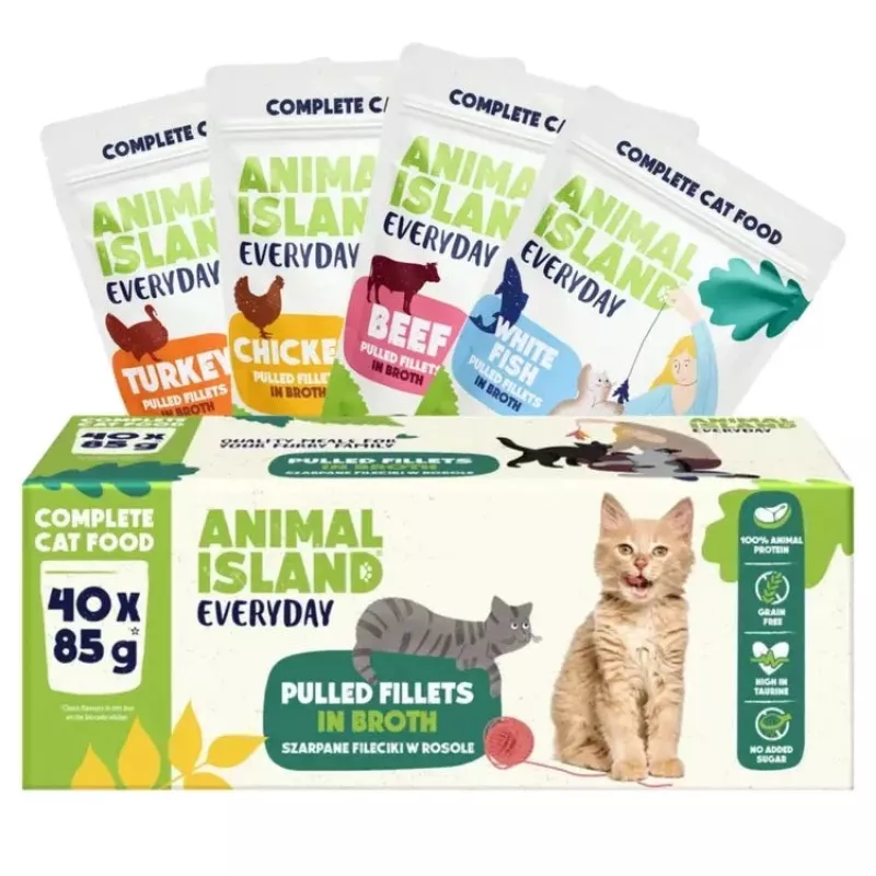 Mokra karma dla kota animal island Everyday — Wołowina, kurczak, indyk i filety z białej ryby w bulionie, 40 saszetek x 85 g