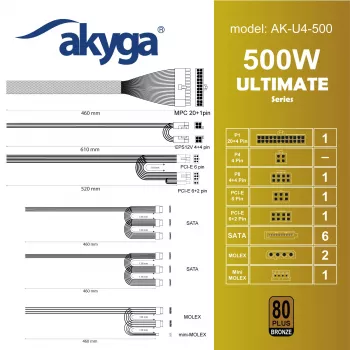 Zasilacz ATX Akyga Ultimate AK-U4-500 500 W, 80 PLUS Bronze, aktywne PFC, wentylator 120 mm
