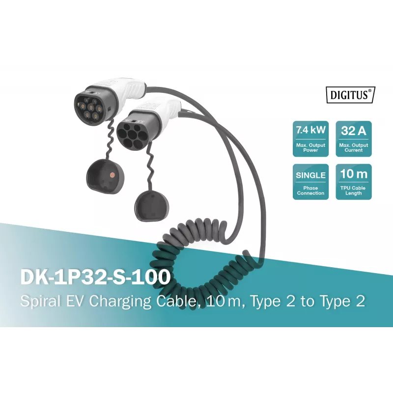 Digitus spiralny kabel do ładowania EV 10 m typ 2 na typ 2 32 A 240 V