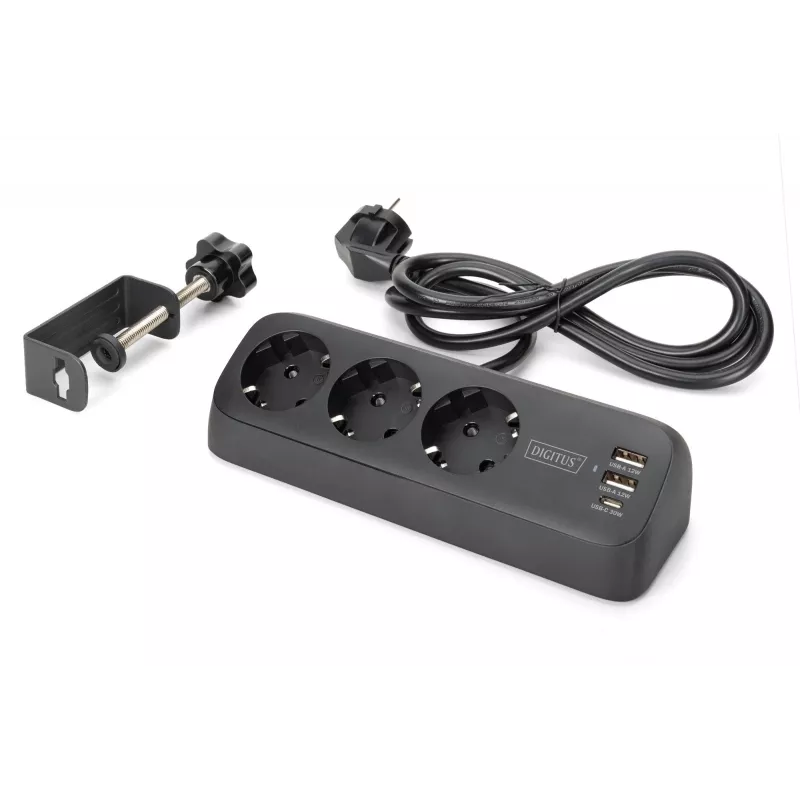 Listwa zasilająca DIGITUS 3-gniazdowa z 2×USB-A i 1×USB-C, 3 gniazda AC typu E/F, kabel 1,5 m, czarna