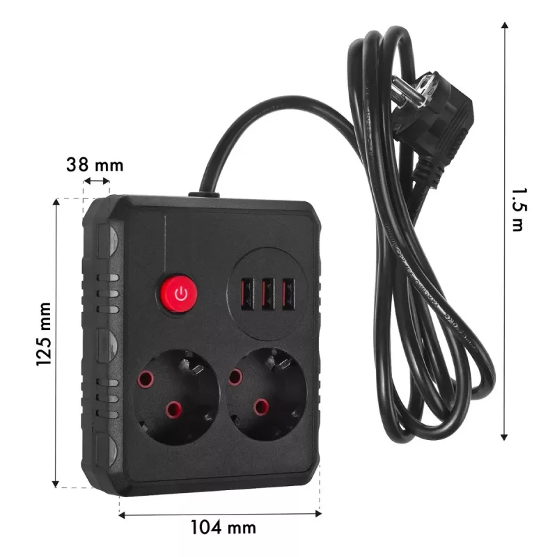 Listwa zasilająca MACLEAN MCE387 B — 2 gniazda, 3×USB A, 110–240V, przewód 1,5 m, maks. 2500 W