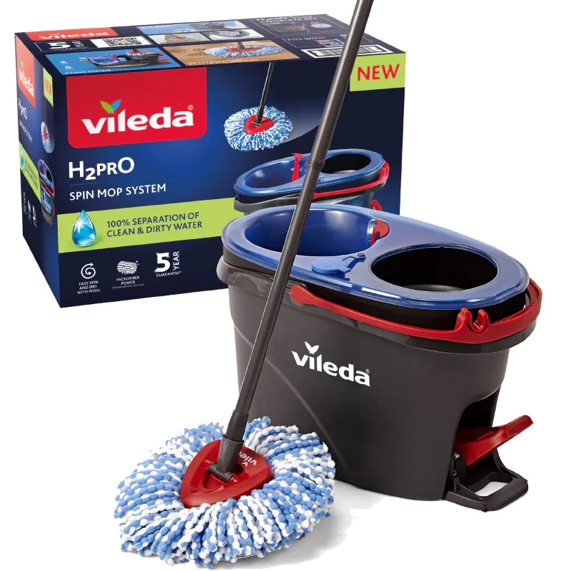 Mop do podłogi VILEDA z mikrofibry 320 mm, uchwyt teleskopowy 55–123 cm, zmywalny, głowica obrotowa 360°, czarny/niebieski/czerwony