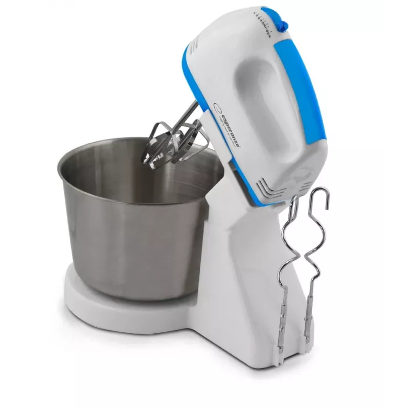 Mikser stojący ESPERANZA EKM019WB — 150 W, misa 2,5 L, 7 prędkości, haki do ciasta, podwójna trzepaczka, biały