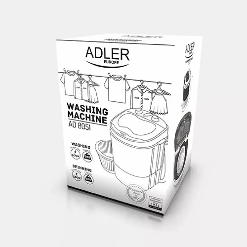Adler | AD 8051 | Pralka | Klasa efektywności energetycznej | Ładowanie od góry | Pojemność prania 3 kg | Nieokreślona prędkość obrotowa | Głębokość 37 cm | Szerokość 38 cm | Biały/Niebieski