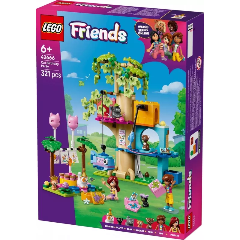 Zestaw konstrukcyjny LEGO Friends 42666 Domek na drzewie – kocie urodziny, 321 elementów, 6+, 180×160×100 mm
