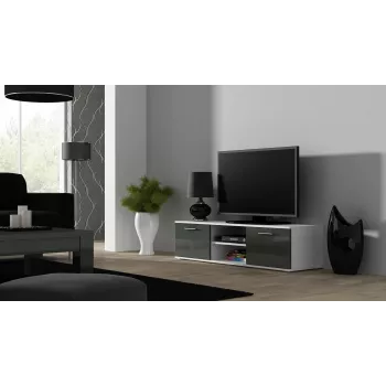 TV stand cama meble SOHO 140 — 1400×430×370 mm, biały blat, płyta wiórowa, biała rama, biały/szary połysk