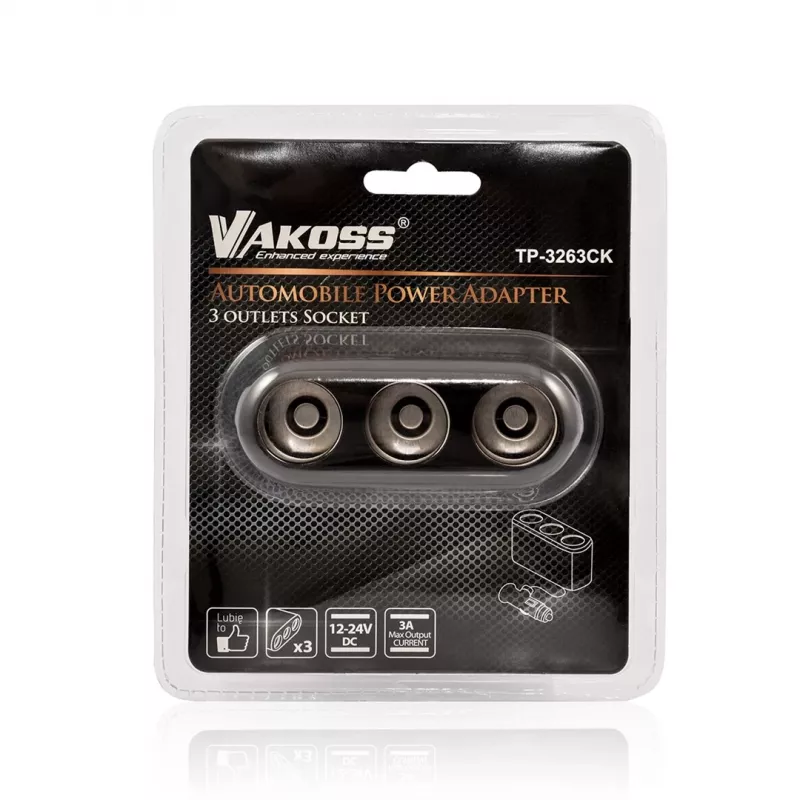 Rozgałęźnik gniazda zapalniczki samochodowej VAKOSS TP-3263CK — adapter 1 na 3 gniazda zasilania 12V, wyjście 3A, czarny