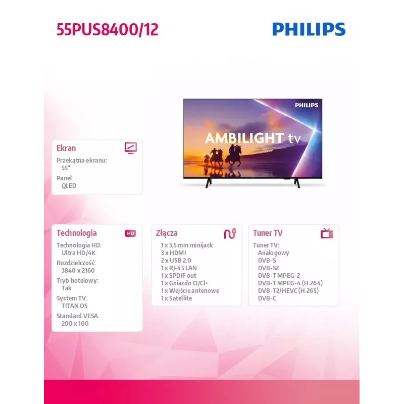 Telewizor Philips 55PUS8400/12 QLED 55 cali, klasa energetyczna E