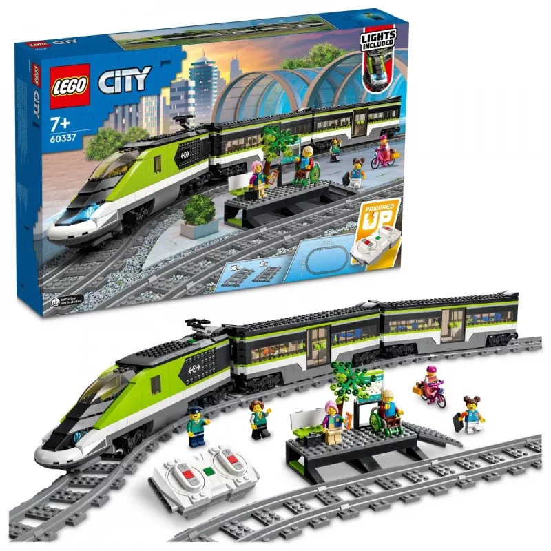 LEGO 60337 City Express Pociąg Pasażerski Zdalnie Sterowany Zabawka Prezent dla Dzieci Chłopców i Dziewczynek z Działającymi Reflektorami 2 Wagonami i 24 Torami