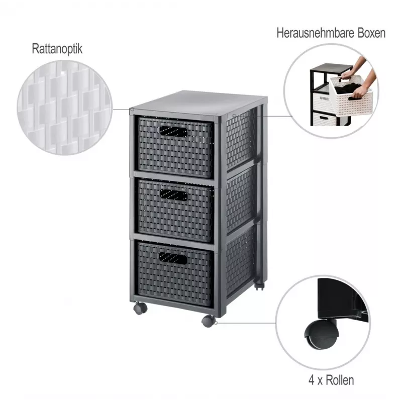 Komoda Rotho Country Czarny 3 szuflady antracyt polipropylen 325×375×712 mm z kółkami