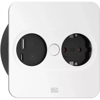 Bachmann TWIST 2 Metalowa płyta osłonowa, kwadratowa, srebrna matowa lakierowana, 1xGniazdo UTE France czarne ze zwiększoną ochroną przed dotykiem 1xŁadowarka USB A/C 22W, kabel zasilający 0,2m H05VV-F3G