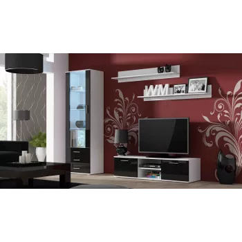 Stolik pod telewizor cama meble SOHO 140 — 1400×430×370 mm, biały blat, płyta wiórowa, biała rama, czarne fronty na wysoki połysk