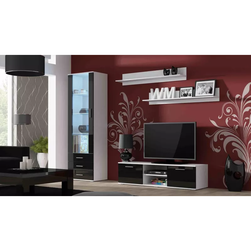 Stolik pod telewizor cama meble SOHO 140 — 1400×430×370 mm, biały blat, płyta wiórowa, biała rama, czarne fronty na wysoki połysk