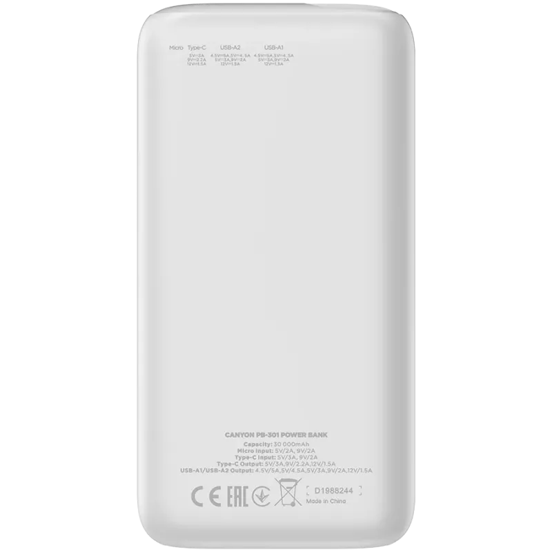 Power bank CANYON PB-301 LED 30000 mAh PD 20W QC 3.0 Biały
