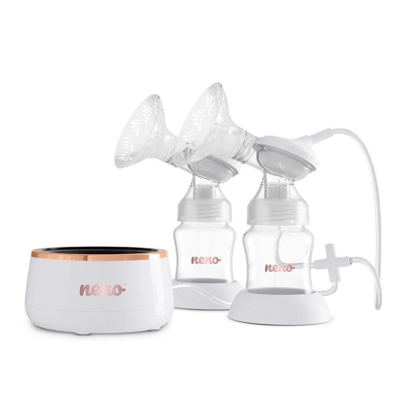 Elektryczny laktator dwustronny neno Bella Twin Moon — bezprzewodowy, dwufazowy, wyświetlacz LCD, butelki 150 ml, perłowy