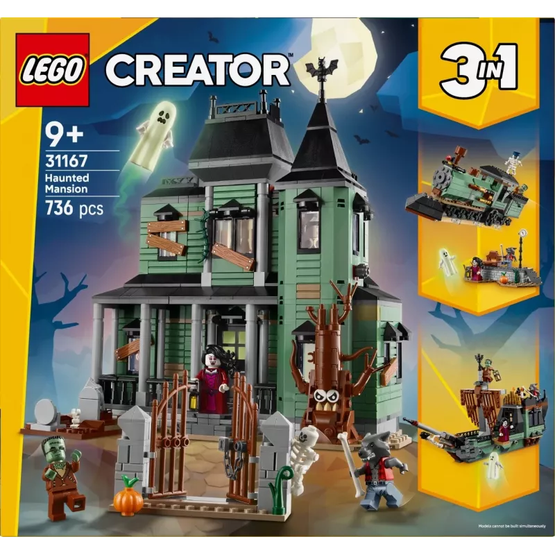 Zabawka konstrukcyjna LEGO Creator 3-w-1 Nawiedzony dom model 31167 — 736 elementów, 3 konstrukcje, 5 minifigurek