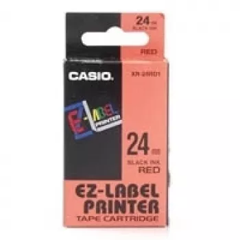 Rolka etykiet CASIO XR-24RD1 — etykiety samoprzylepne czarne na czerwonym, 2,4 cm × 8 m, 1 rolka