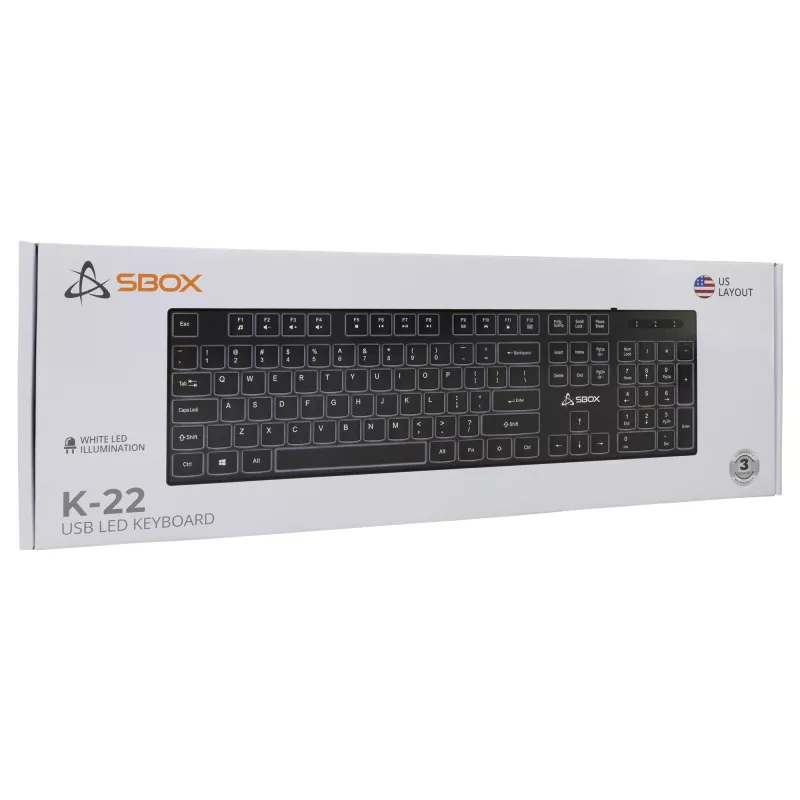 Przewodowa klawiatura USB SBOX K-22 US Czarna — układ US, czarna, przewodowe połączenie USB