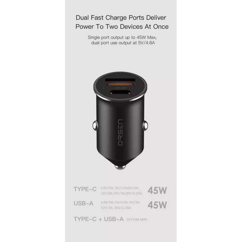 Ładowarka samochodowa Orsen C8 45W — szybkie ładowanie USB-C PD 45W, czarna
