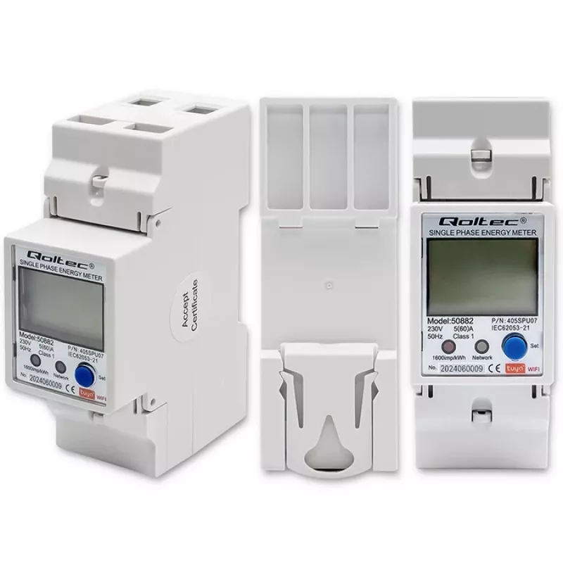 Qoltec 50882 Jednofazowy elektroniczny licznik zużycia energii na szynę DIN | Wi-Fi | TUYA | 230V | LCD