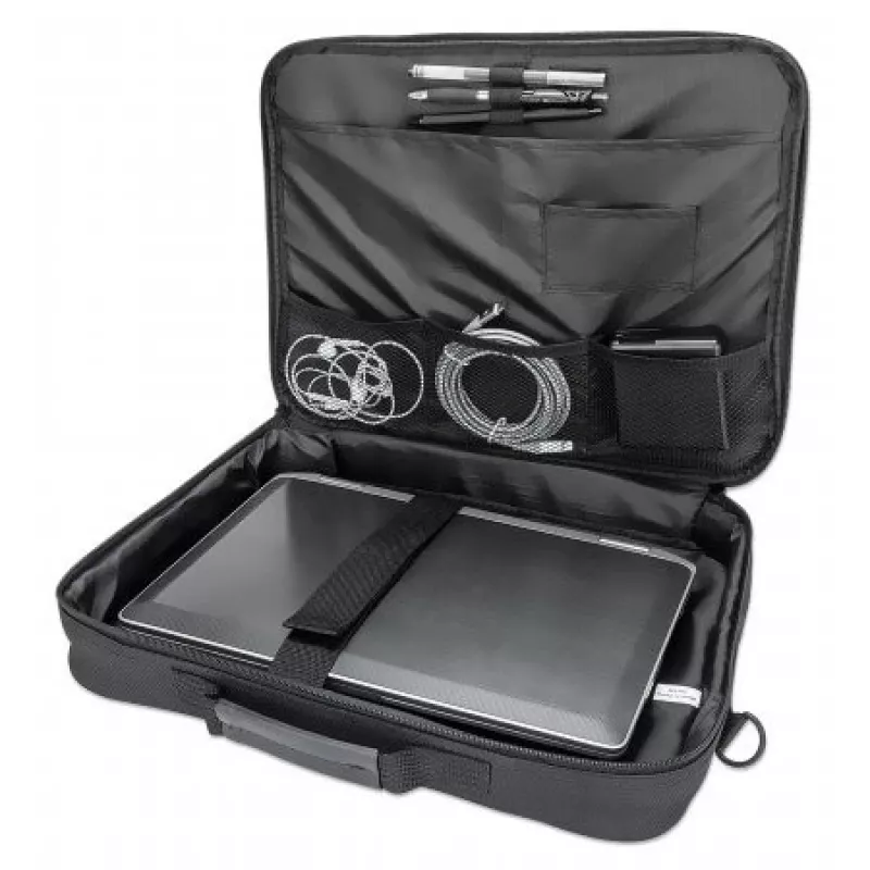 Torba na laptop Manhattan Cambridge 15,6 cala, konstrukcja typu clamshell, czarna, LOW COST, kieszeń na akcesoria, komora na dokumenty z tyłu, pasek na ramię (odpinany), odpowiednik Targus TAR300, pokrowiec na notebook, trzyletnia gwarancja