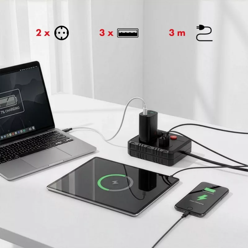 Listwa zasilająca MACLEAN MCE388 B — 2 gniazda AC, 3×USB A, 110–120V 50/60Hz, 2500W, kabel 3 m, czarny