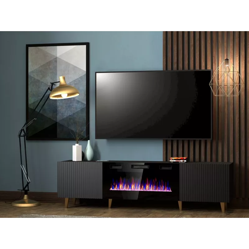 Szafka TV Cama Meble PAFOS EF z kominkiem elektrycznym 180x42x49 cm, czarny mat, 2 drzwi, 1400–1600 W