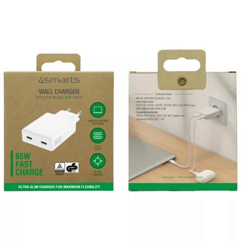 Ładowarka PDPlug Dual 65W GaN 2xUSB-C biała
