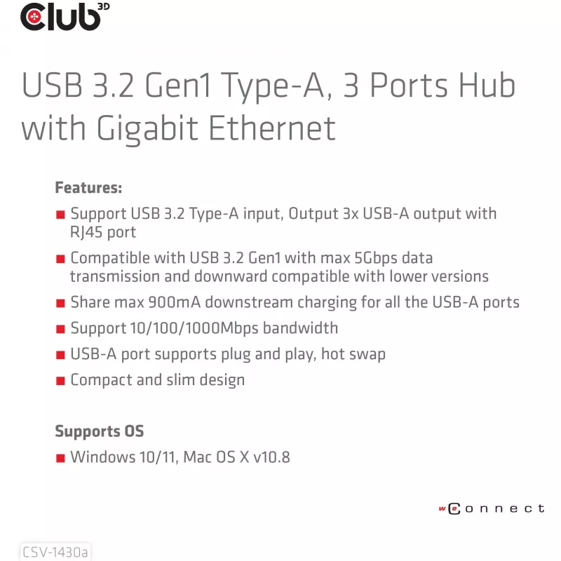 Hub USB CLUB3D USB 3.2 Gen1 Type-A, 3 porty i Gigabit Ethernet